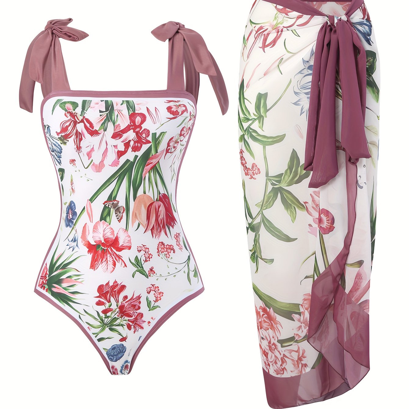 Plant Two-Piece Swimsuit with Cover Up Skirt