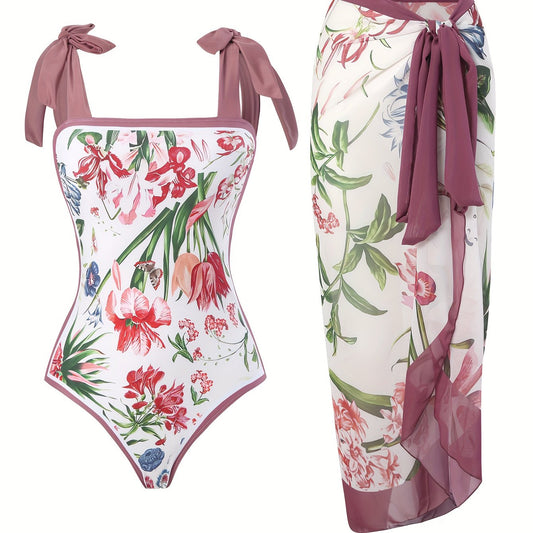 Plant Two-Piece Swimsuit with Cover Up Skirt