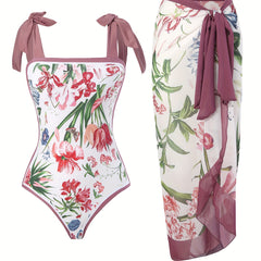 Plant Two-Piece Swimsuit with Cover Up Skirt