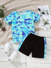 Boys Camo T Shirt and Shorts Set for Summer
