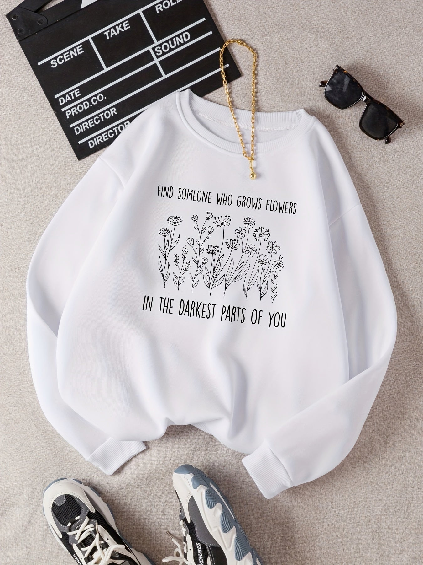 Flower Graphic Print Sweatshirt Long Sleeve Crew Neck Pullover Sweatshirt
