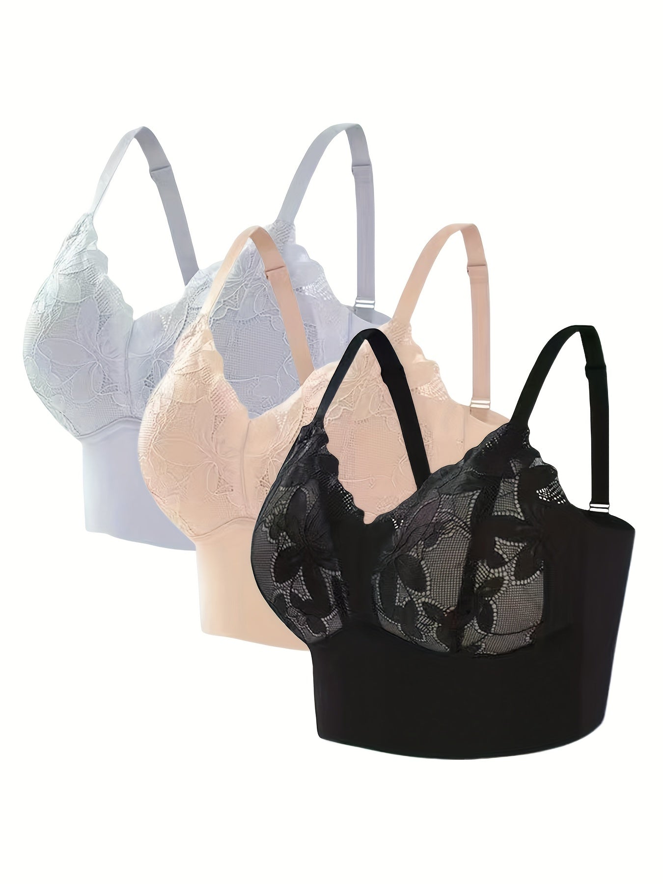 3pcs Contrast Lace Wireless Bras Comfy & Push Up Bra Women's Lingerie