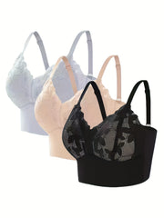 3pcs Contrast Lace Wireless Bras Comfy & Push Up Bra Women's Lingerie