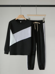 Boy's 2pcs Block Sweatshirt & Drawstring Sweatpants Set for Spring Fall