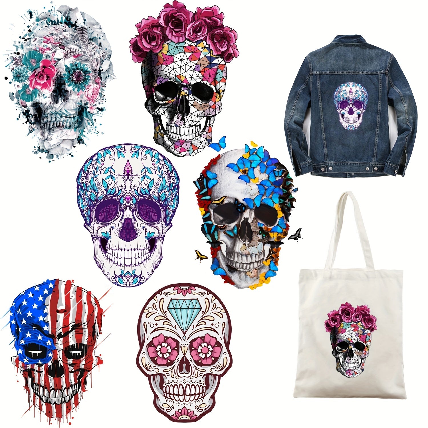 2pcs Halloween Iron On Transfers Skull Pattern DIY Decals Heat Transfer Stickers