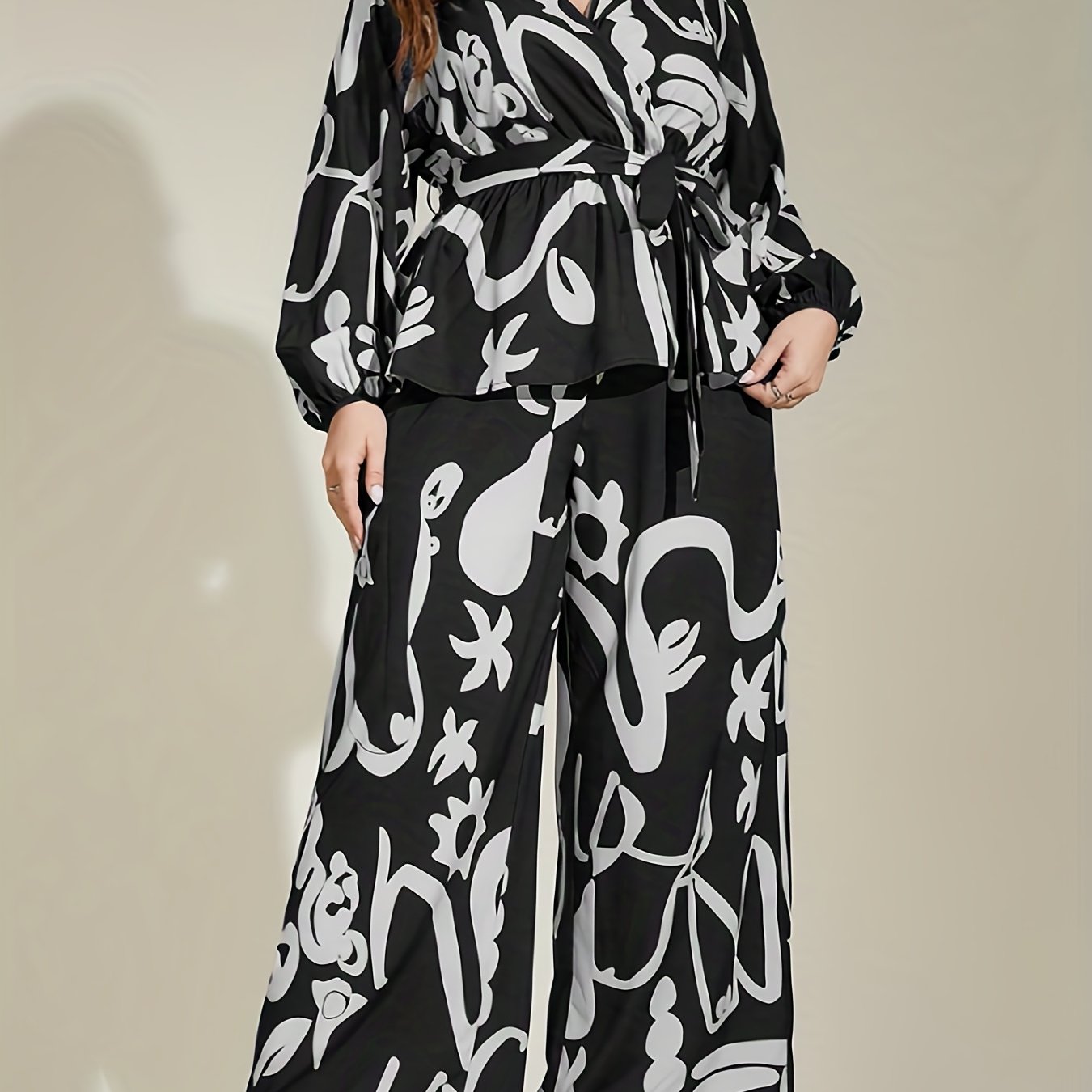 Abstract Print Lantern Sleeve Top & Pants Set