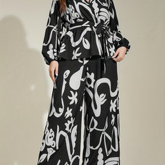 Abstract Print Lantern Sleeve Top & Pants Set