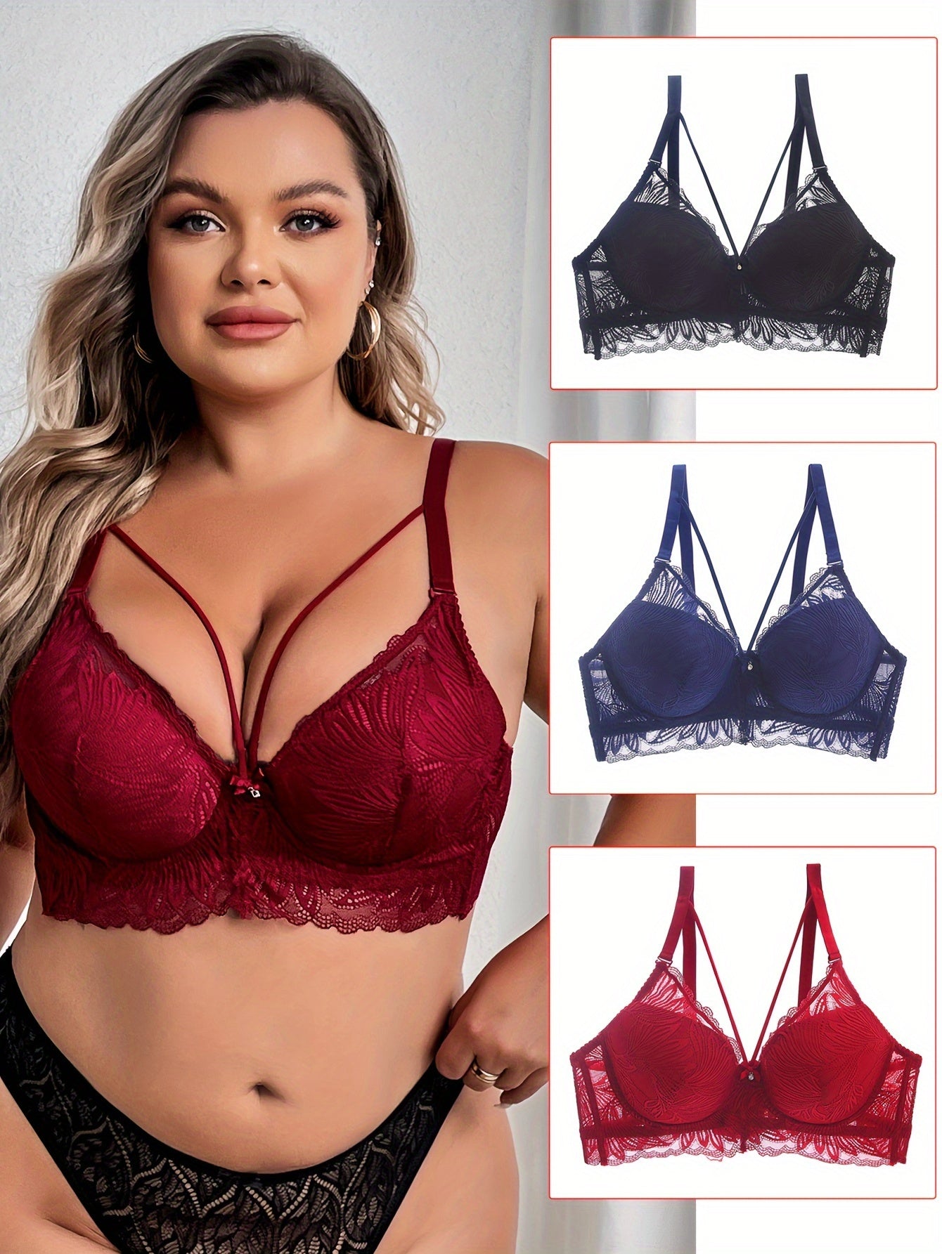 3 Pack Plus Size Sexy Bra Set Floral Lace Rhinestone Padded Harness Bralette 3pc