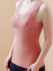 2pcs Lace Thermal Underwear V Neck Sleeveless Top Women's Lingerie