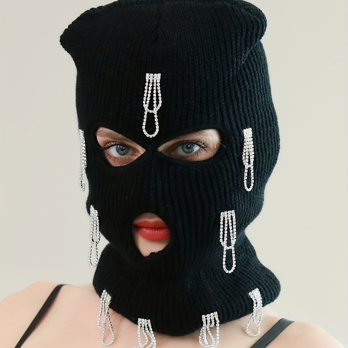 Rhinestone Tassel Balaclava Hip Hop Ski Mask Y2K Knit Hat Neck Gaiter