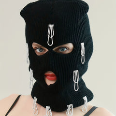 Rhinestone Tassel Balaclava Hip Hop Ski Mask Y2K Knit Hat Neck Gaiter