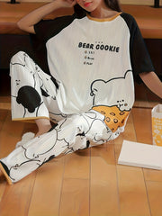 Bear Print Pajama Set Short Sleeve Top & Pants Women's Sleepwear