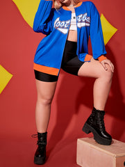 Colorblock Letter Print Zipper Sports Coat Plus Size