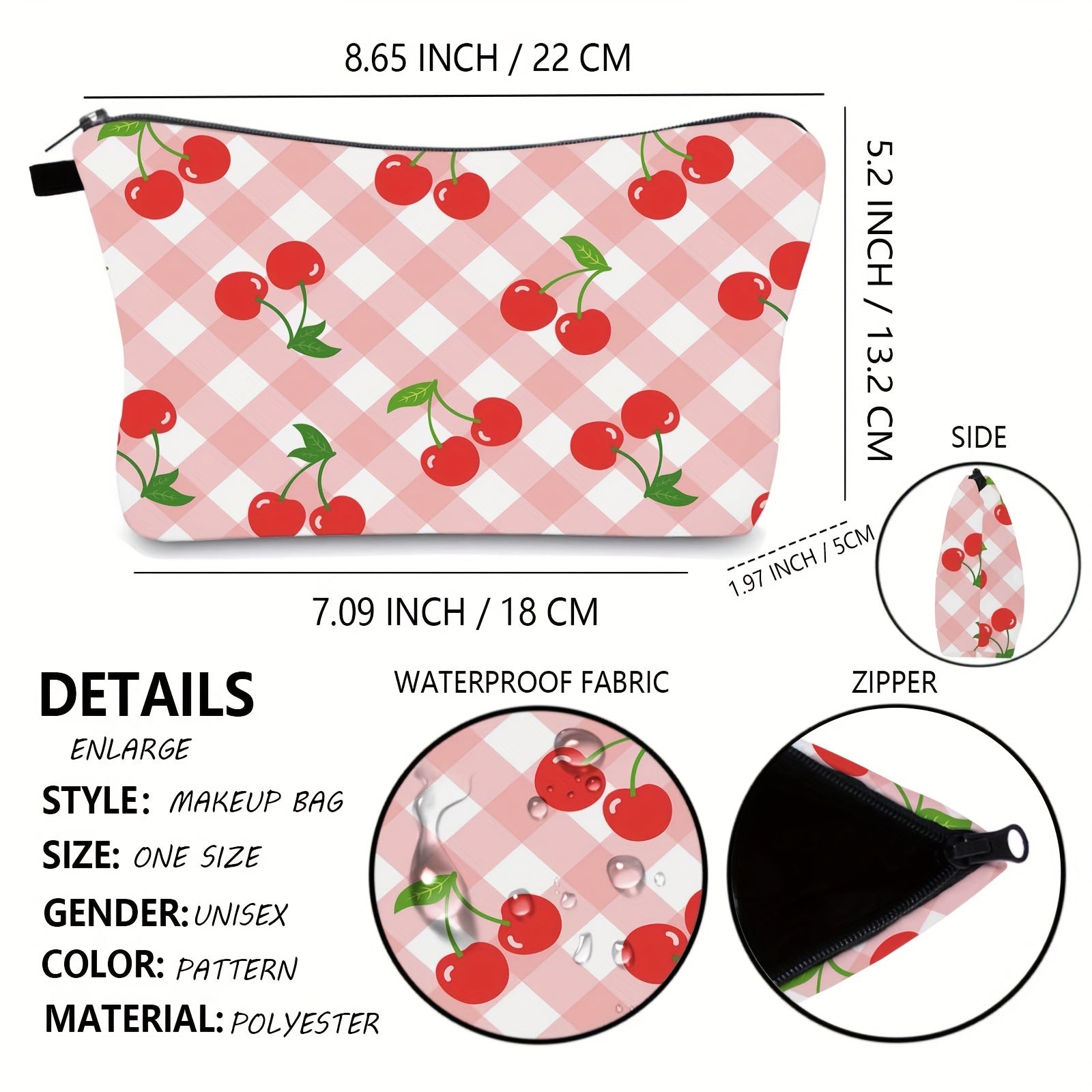 Plaid & Cherry Print Cosmetic Bag For Women Waterproof Purse Makeup Bag