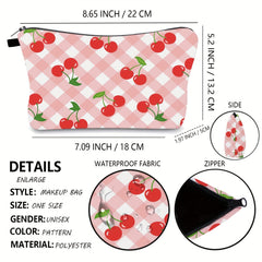 Plaid & Cherry Print Cosmetic Bag For Women Waterproof Purse Makeup Bag