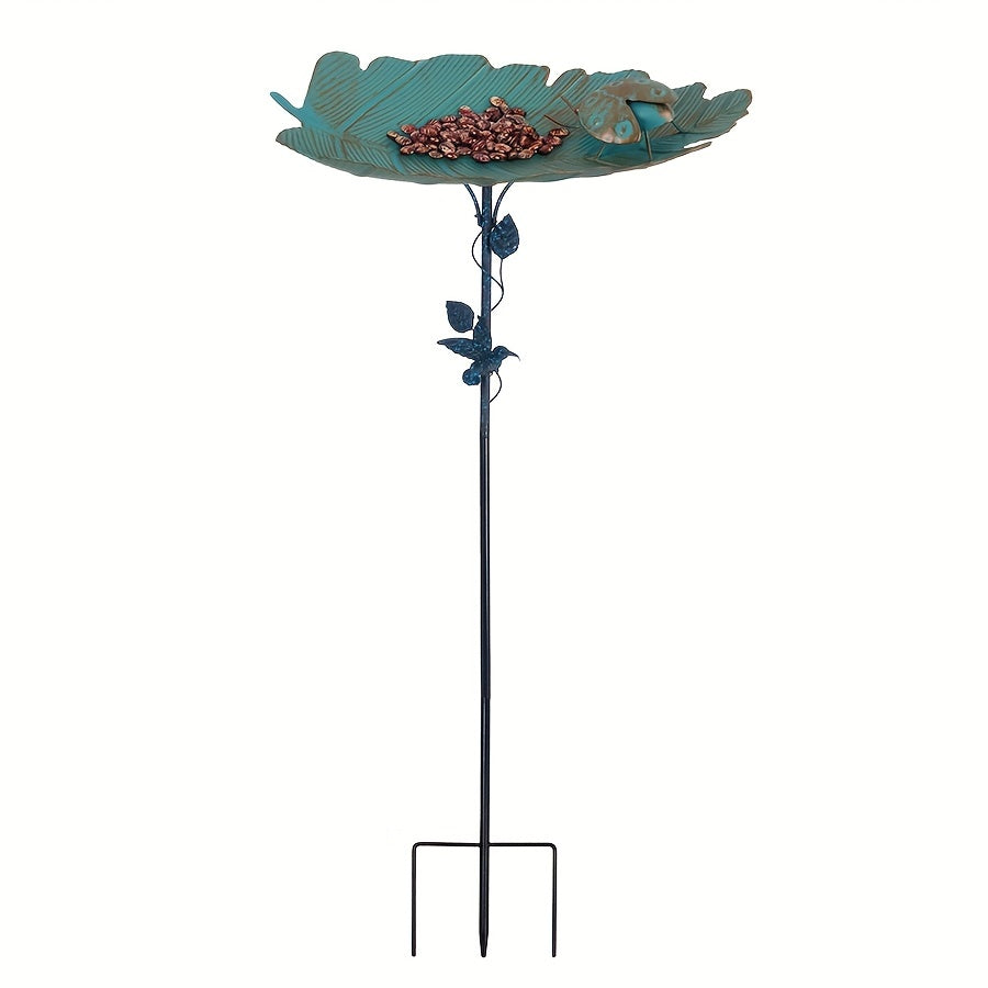 Leaf Shaped Metal Bird Bathtub with Ladybug Carving & Stake