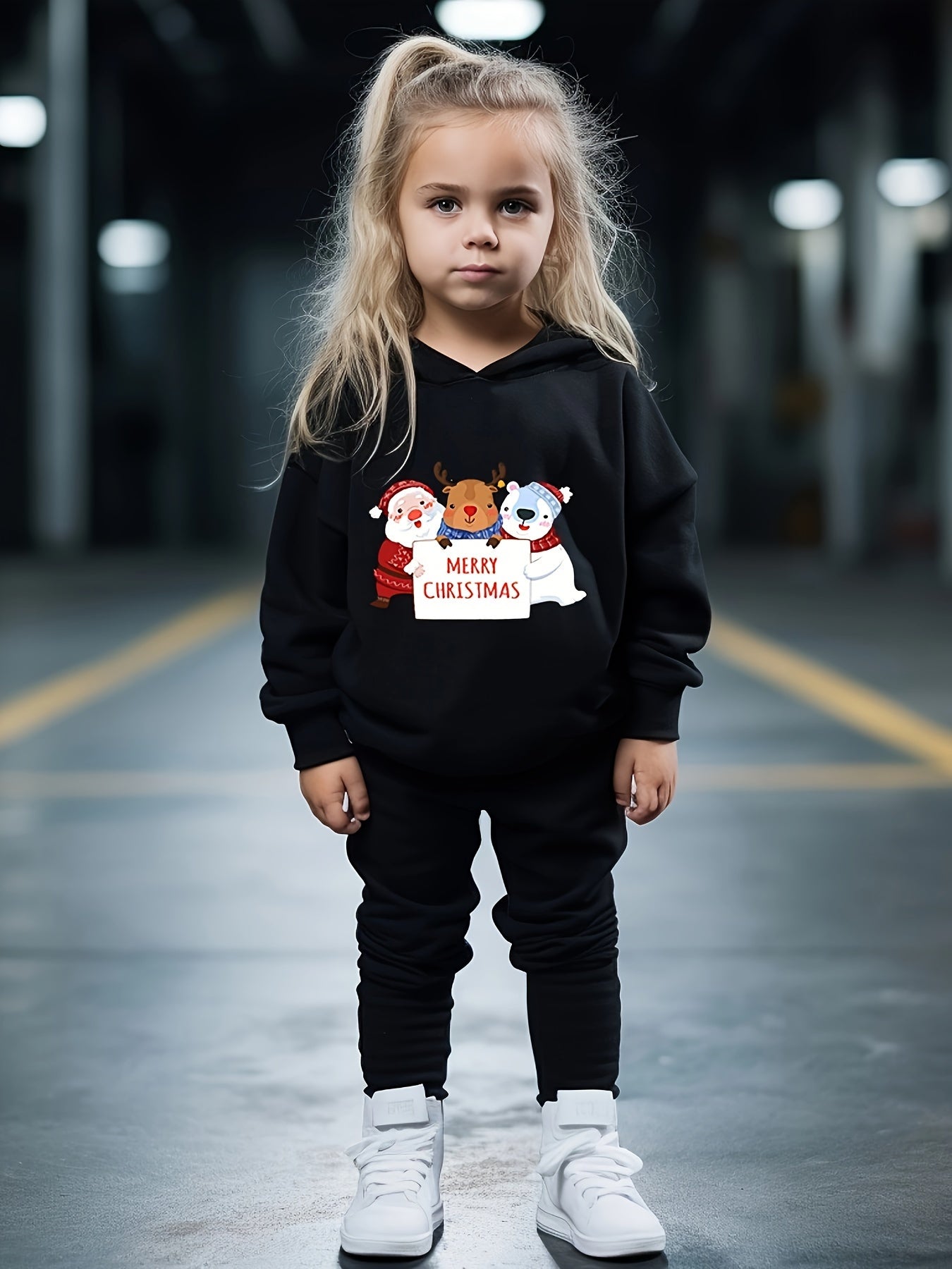 Girls 2pc Santa Bear Deer Hooded Sweatshirt Solid Sweatpants Set