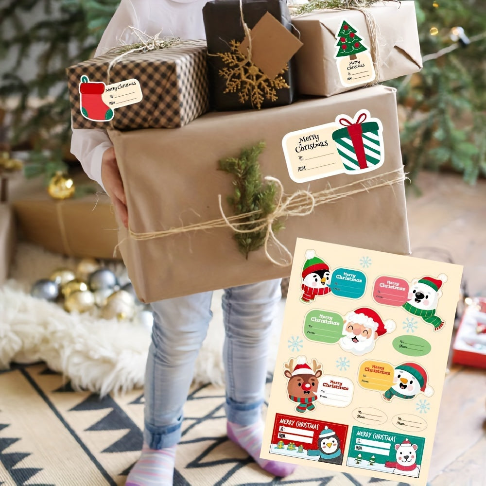 50 Christmas Gift Tags Stickers - 4 Sheets To/From Labels, Box Seal