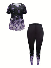 Floral Pattern Plus Size Loungewear Set Top & Leggings Pajamas
