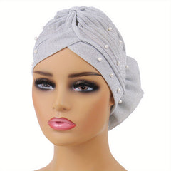 Gray Glitter Plate Flower Turban Cap Pleated Head Wrap