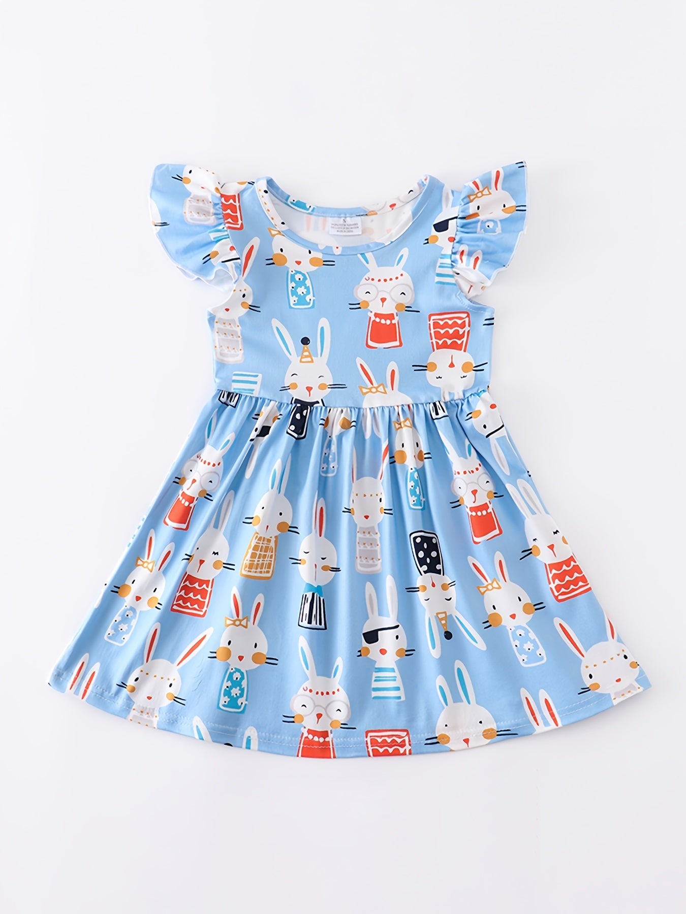Baby Girls Short Sleeve Ruffles Round Neck Easter Bunny Print Dress