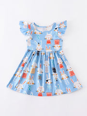 Baby Girls Short Sleeve Ruffles Round Neck Easter Bunny Print Dress