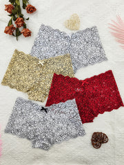 4 Pcs Lace Boyshort Panties Scalloped Trim Bow Tie Women's Lingerie