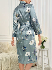 Floral Print Night Robe Long Sleeve V Neck Robe With Belt