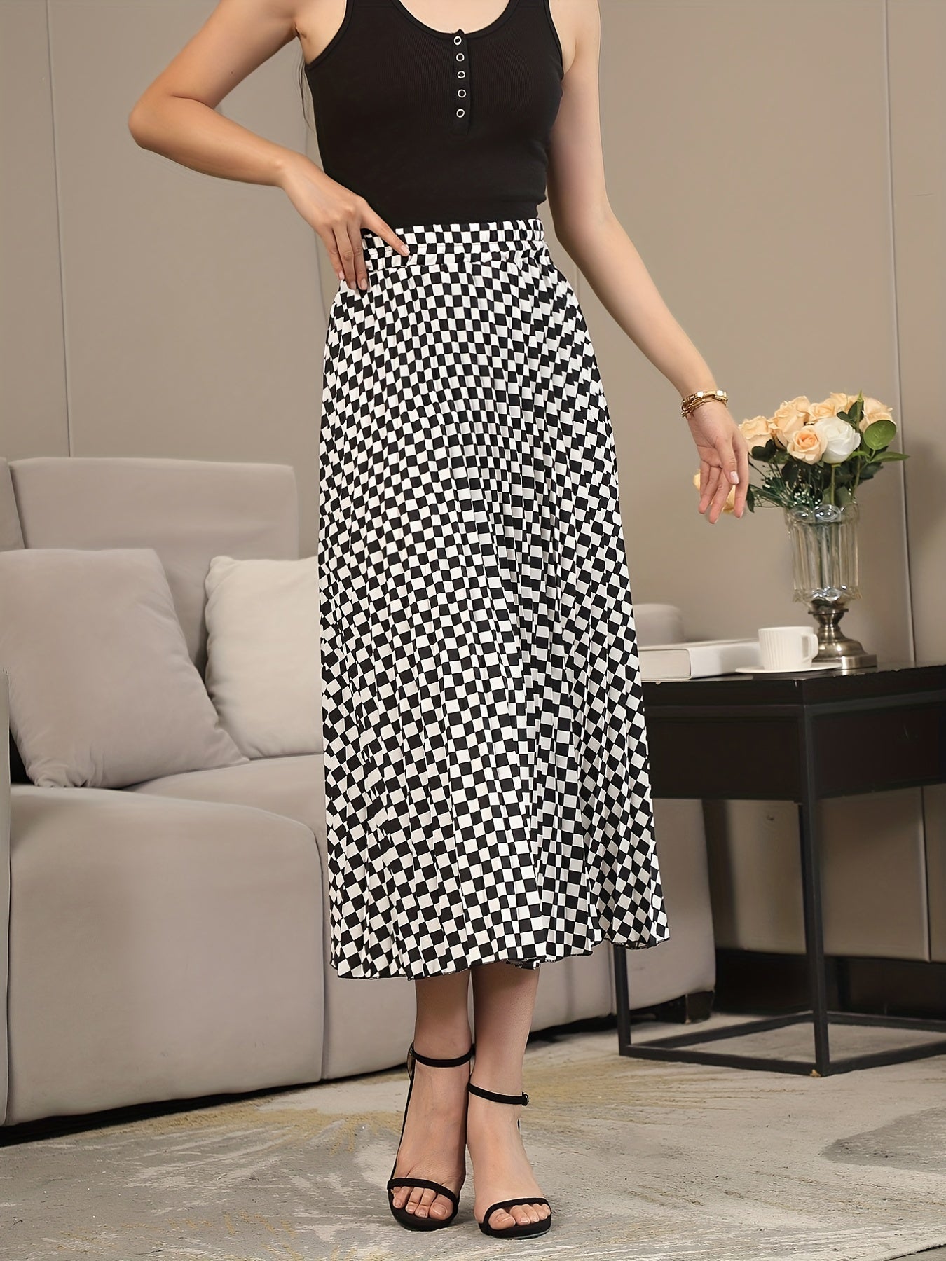 Checkerboard Print Pleated Skirts High Waist Women's Clothing