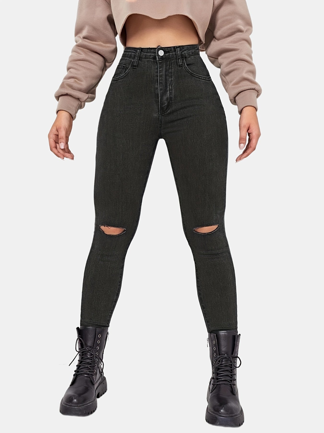 Ripped Holes Skinny Jeans Slim Fit Slash Pockets Mid Stretch Denim Pants