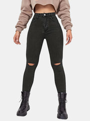 Ripped Holes Skinny Jeans Slim Fit Slash Pockets Mid Stretch Denim Pants