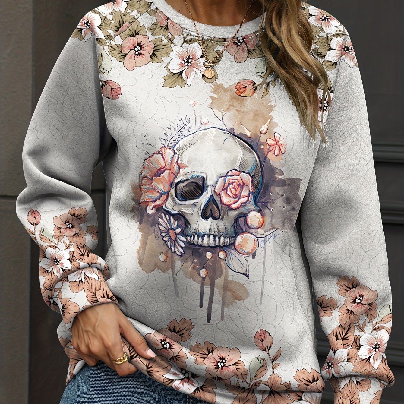 Skull & Floral Print Sweatshirt Crew Neck Women's Clothing