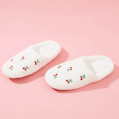 Cherry Embroidery Fluffy Indoor Slippers Women's House Shoes