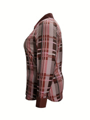 Women's Plus Plaid Print Button Up Long Sleeve Casual Blouse
