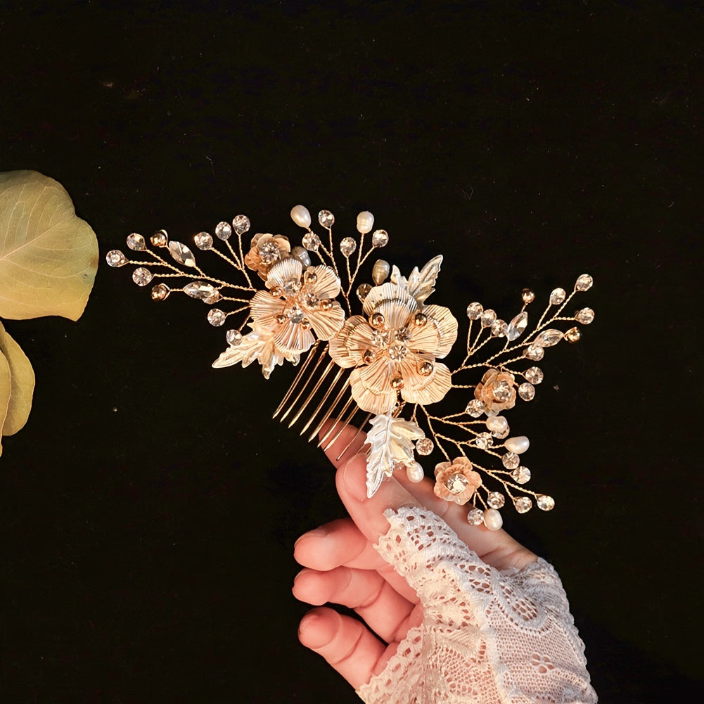 Floral Pearl Crystal Wedding Comb Bridal Hair Accessory