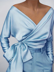 Satin Long Sleeve V Neck Tie Side Crop Wrap Blouse