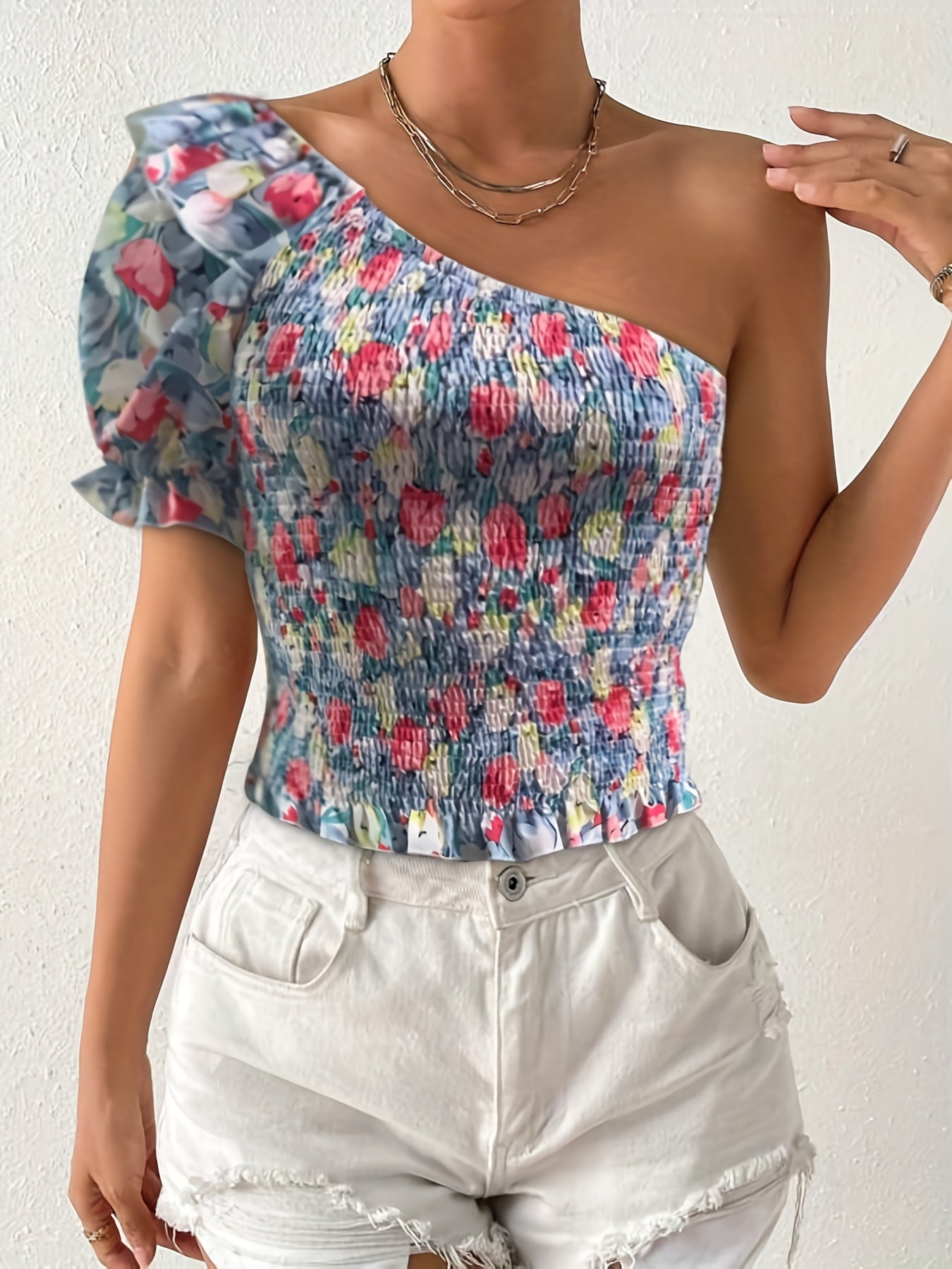 Floral Print Shirred One Shoulder Lantern Sleeve Blouse