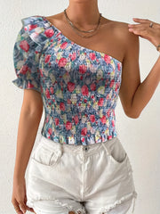 Floral Print Shirred One Shoulder Lantern Sleeve Blouse