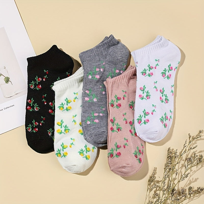 5-Pair Floral Print Socks for Women Soft Lightweight Ankle Stockings