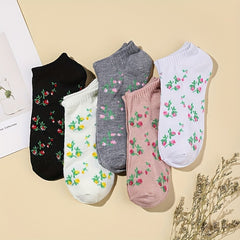 5-Pair Floral Print Socks for Women Soft Lightweight Ankle Stockings
