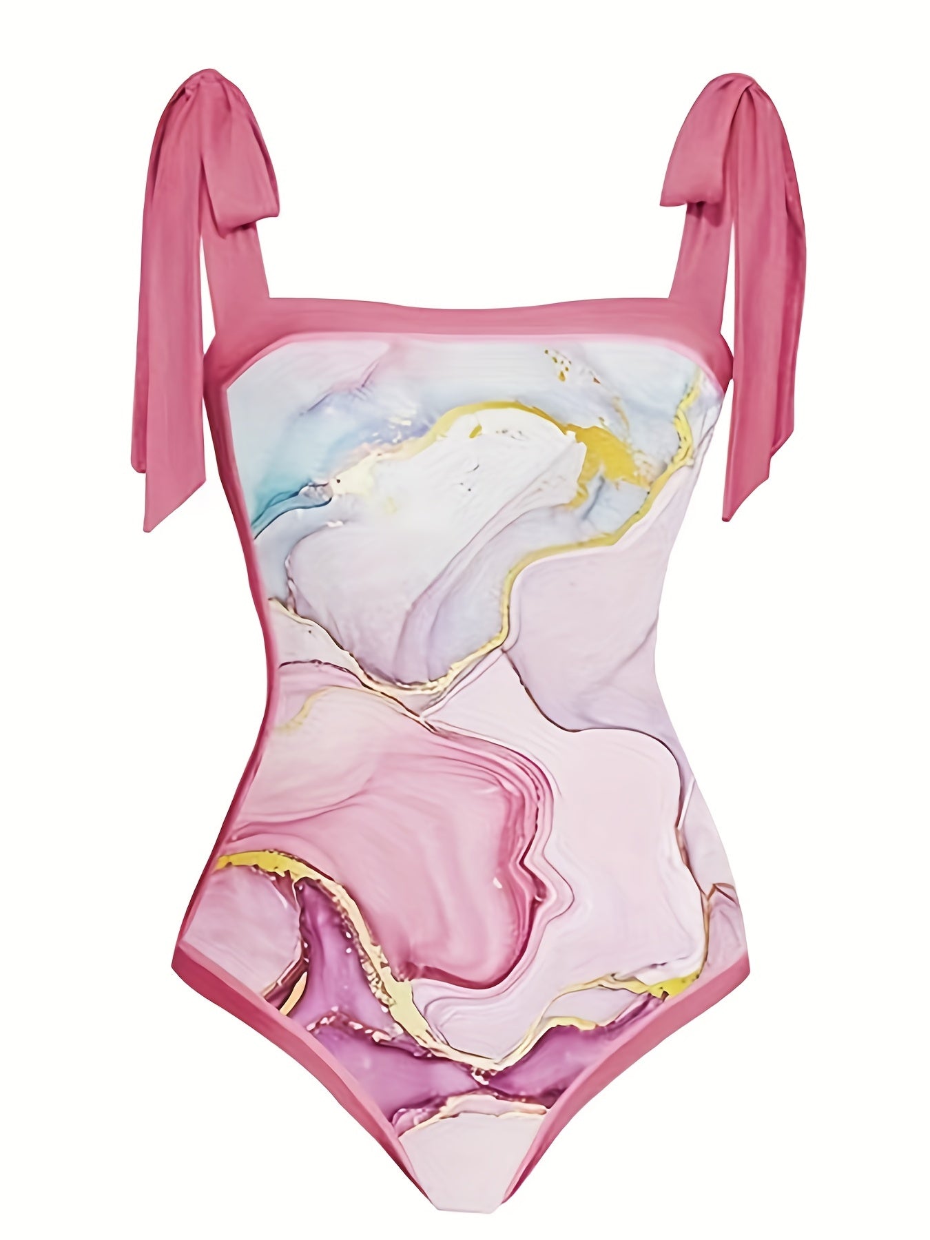 Marble Print Tie Shoulder Bodysuit & Knot Skirt Bathing Suit Set