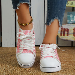 Pink Skull Pattern Sneakers Halloween Lace Up Low Top Flat Canvas Shoes