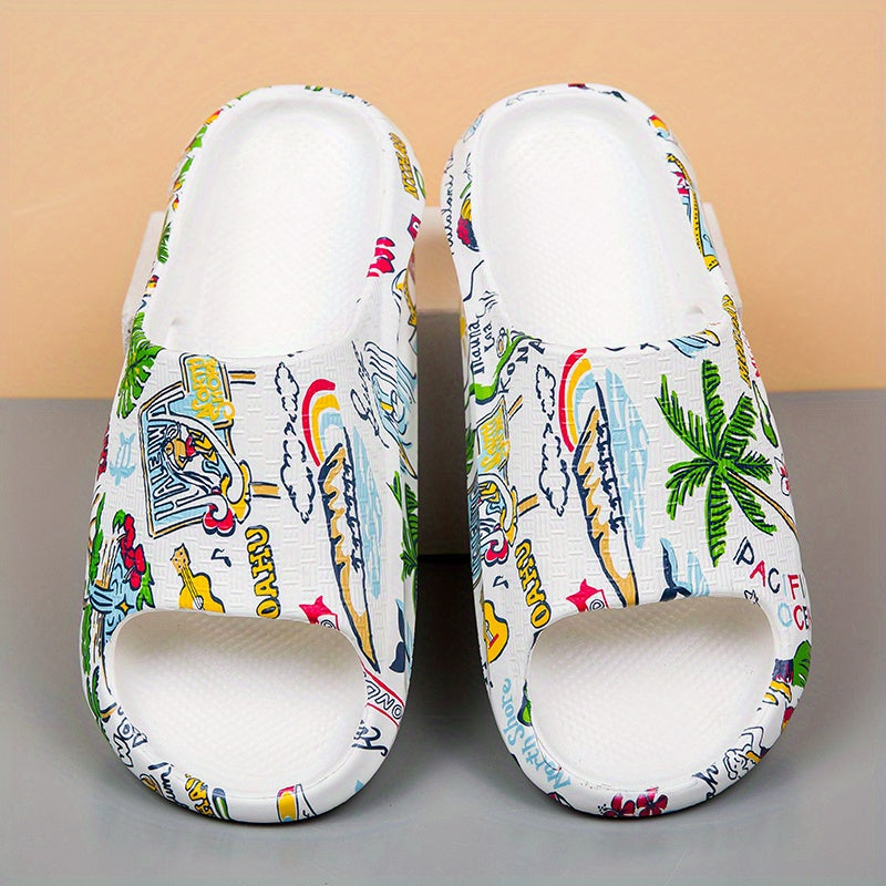 Women's Side Hollow Out Slides Colorful Graffiti Slip On Soft Sole Non slip Slid