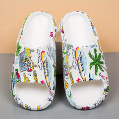 Women's Side Hollow Out Slides Colorful Graffiti Slip On Soft Sole Non slip Slid