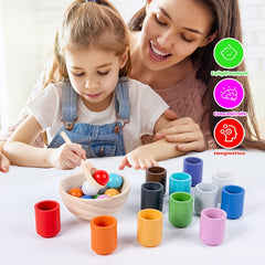 Wooden Rainbow Ball and Cup Sorting Game for Ages 3