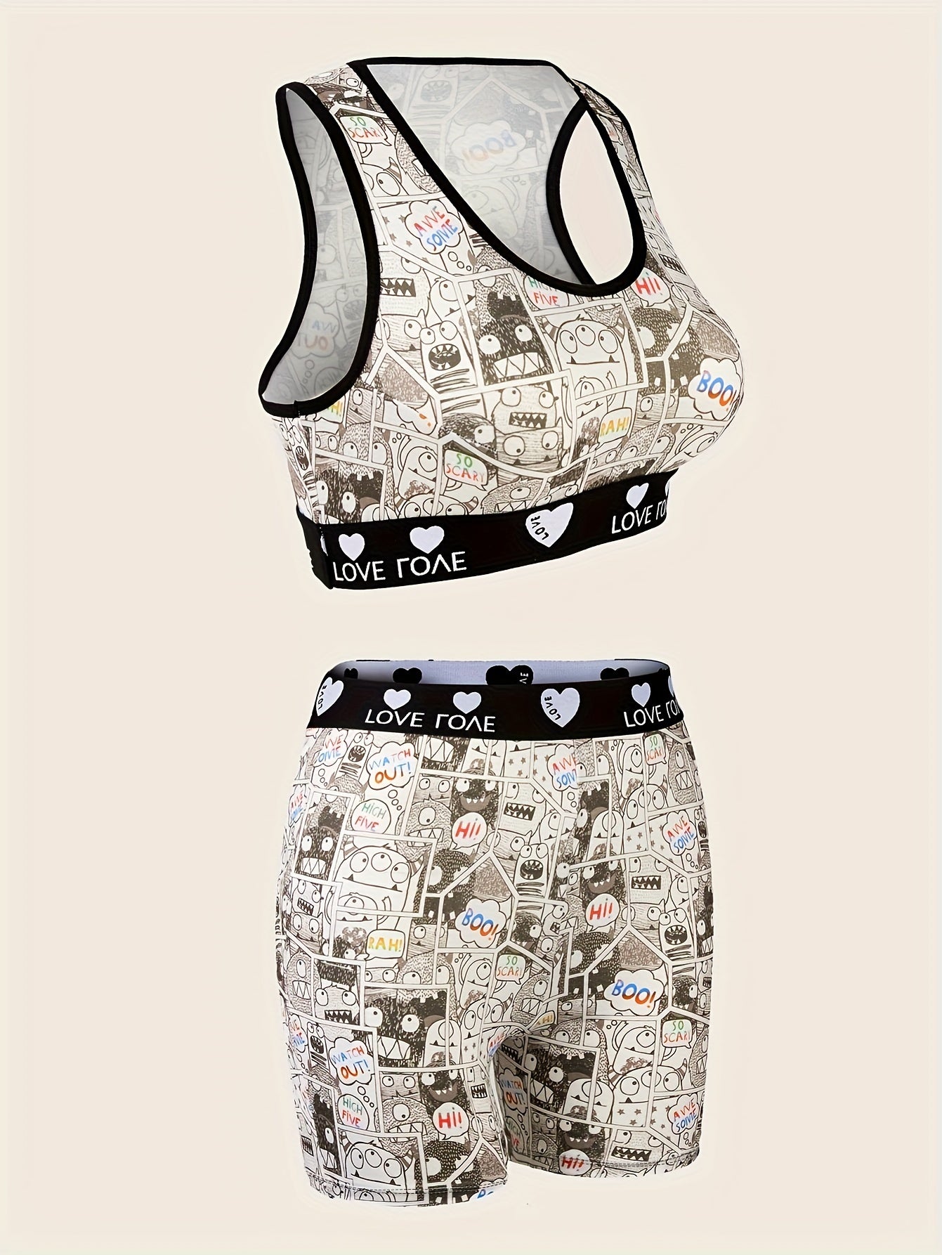 Cartoon Print Bra & Panties Set Full Coverage Sports Bra & Elastic Panties