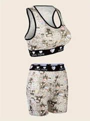 Cartoon Print Bra & Panties Set Full Coverage Sports Bra & Elastic Panties