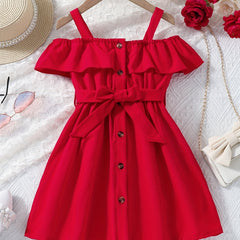 Toddler Girls Ruffle Trim Cold Shoulder Dress For Party Beach Vacation