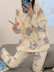 Bear Print Pajama Set Long Sleeve Crew Neck Top & Pants