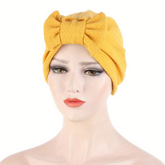 Embossed Detachable Bowknot Turban Cap Solid Ramadan Head Scarf Bonnet